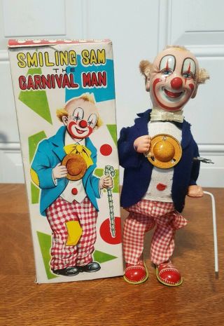 Rare Vintage Smiling Sam Carnival Clown Cane Tin Litho Wind Up Toy & Box Japan