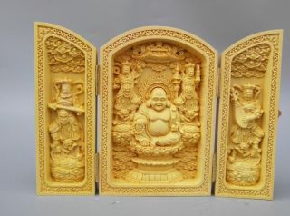 Chinese Wood Carving Maitreya Buddha Four Heavenly Kings Statue Boxwood Box