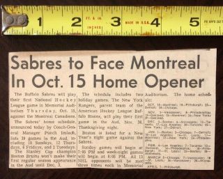 Rare 1970 Buffalo Sabres 1st Home Game Ever Newspaper Article Buffalo Aud