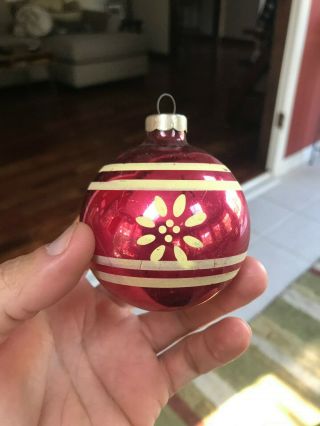 Antique Old Vintage Hand Painted Ruby Glass Christmas Tree Ornament