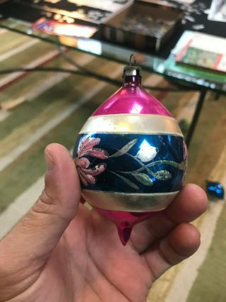 Antique Old Vintage Hand Painted Flowers & Designs Glass Christmas Tree Ornament 3
