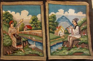 2 Antique Completed Needlepoint Woman Spinning Wool & Man Playing The Flute 19 "