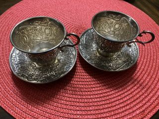 Antique Pair Ornate Embossed Persian ?? Ko 900 Silver Demitasse Cups & Saucers