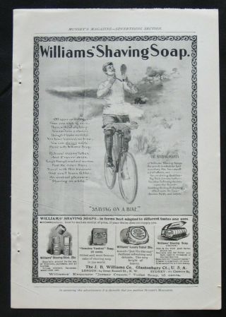 Rare Vtg 1897 Victorian Man " Shaving On A Bike " Williams Soap Full Pg Art Print Ad