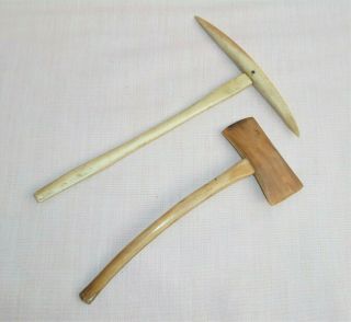 2 Antique Napoleonic Prisoner Of War Miniature Mutton Bone Axe Pick Tools