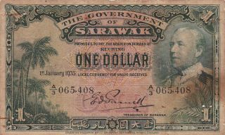 1 Dollar Vg Banknote From British Colony Of Sarawak 1935 Pick - 20 Very Rare
