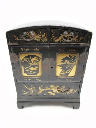 Antique Chinoiserie Black Lacquer Jewelry Box Chest 7 Drawer Orientalia