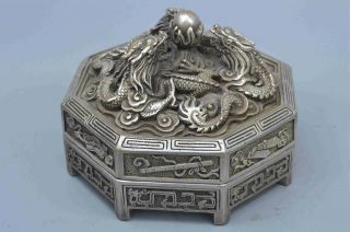 Chinese Collectable Handwork Old Miao Silver Carve Ancient Dragon Auspicious Box