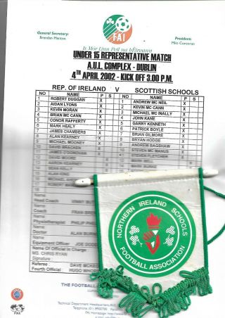 4/4/2002 Rare Under 15 At Aul Rep Of Ireland V N Ireland With Match Pennemt