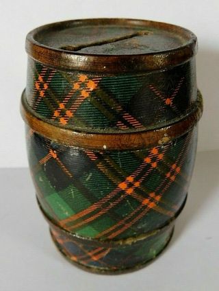 Antique Scottish Macdonald Tartanware Money Box In The Shape Of A Barrel