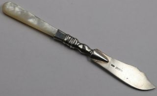Vintage Sterling Silver Mother Of Pearl Butter Knife By J.  H.  W.  Birmingham 1961.
