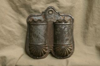 Antique 19th C Tin Dble Wall Hanging Tin Matchsafe W Striker Hanging Hole 4x4.  5 "