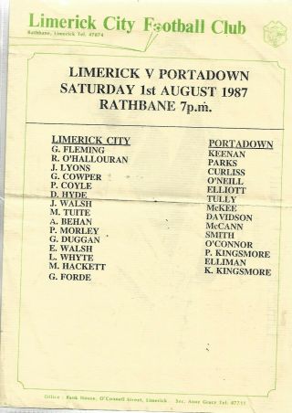 1/8/87 Rare Friendly Limerick V Portadown Includes Drawing Of Ground