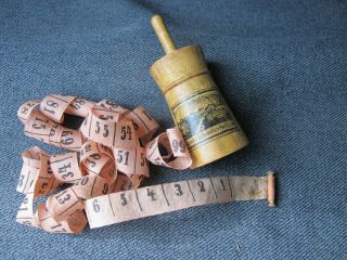 Antique Rose Silky Fabric & Wooden Hand Pulled Back Sewing Measure Tape Germany