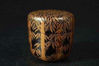U1033: Japanese Wooden Bamboo Gold Lacquer Pattern Tea Caddy Natsume Container