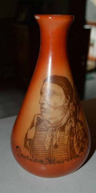 Antique Souvenir Glass Vase Webster S.  D.  South Dakota Indian Brave 7 " Tall