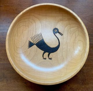 Vintage Klaus Stange Signed Alder Wood Bowl Native American Bird Design 8”