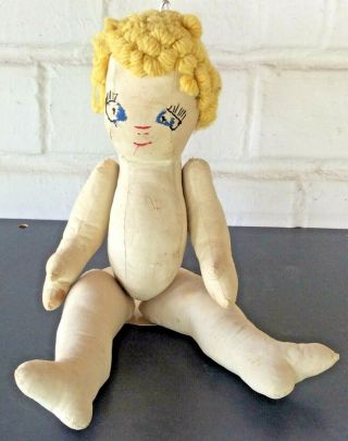 Vintage Antique Handmade 15 " Cloth Rag Doll Blonde Hair Sting Jointed Arms/legs