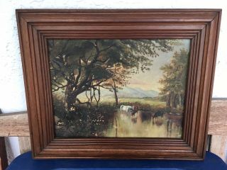 Antique American Impressionist Country Cow Landscape Oil Painting Cattle Herd