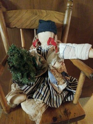 Vintage Handmade Primitive Folk - Art Christmas Rag Doll Quilted Coat Tree Signed