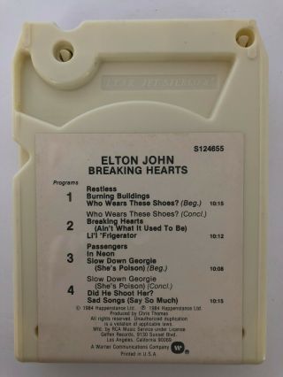 Elton John Breaking Hearts Rare S124655 Geffen Records 8 Track Cartridge Tape 3