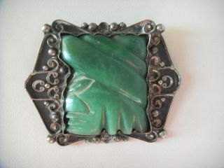 Antique Sterling Silver Green Carved Stone Brooch Pin 30.  3 Gr