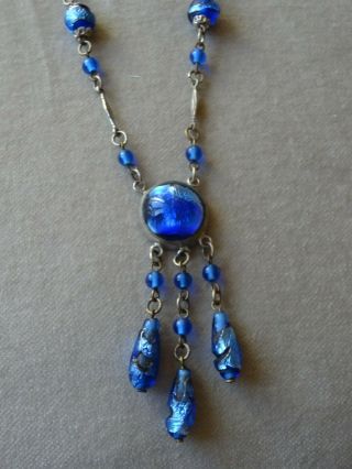 Antique Vintage Jewellery Art Deco Blue Foiled Glass Pendant Drop Necklace