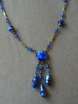 Antique Vintage jewellery Art Deco Blue Foiled Glass Pendant Drop Necklace 2