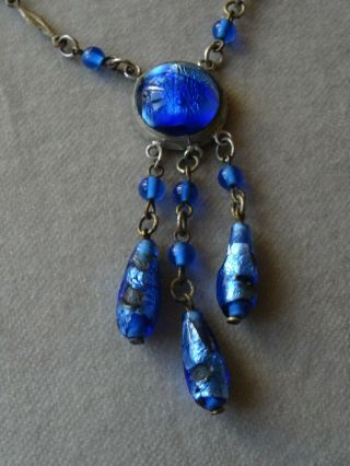 Antique Vintage jewellery Art Deco Blue Foiled Glass Pendant Drop Necklace 3