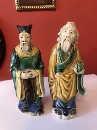 Pair Antique Chinese Shiwan Glazed Stoneware Figures