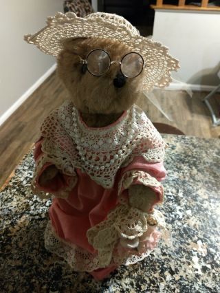 Antique Vintage Teddy Bear W/pink Dress,  Hat,  White Lace Trim,  Bouquet,  & Stand