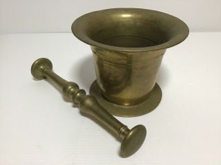 Antique 19th Century Solid Brass Pestle And Mortar With Double Ended Pestle