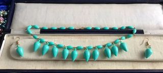 Antique Art Deco Faux Turquoise Droppers Design Necklace & Earrings Set
