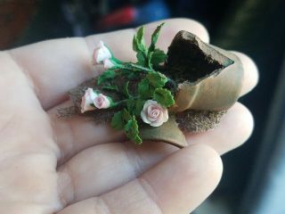 Dollhouse Miniature Artisan Old Flower Pot Planter Spilled Dirt Roses 1:12