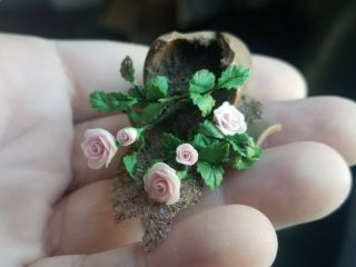 Dollhouse Miniature Artisan Old Flower Pot Planter Spilled Dirt Roses 1:12 2