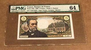 Bank Of France French 5 Franc 1966 Pmg 64 Unc Pick 146 Luis Pasteur Rare Date
