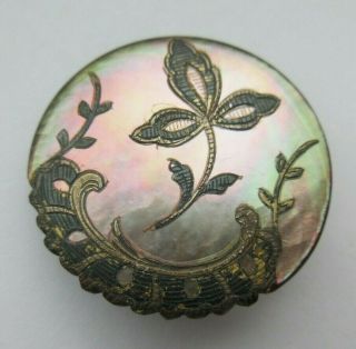 Stunning Antique Vtg Victorian Carved Mop Shell Button Incised Gold Silver (i)