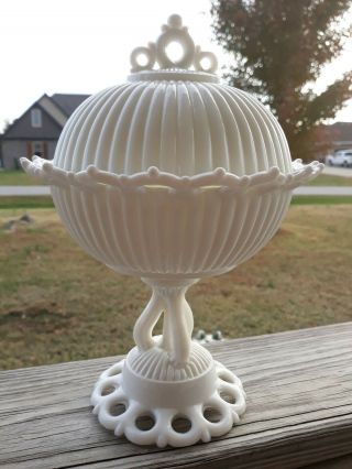 Eapg Antique Milk Glass Atterbury Ribbed Covered Compote Lace Edge Four Legs