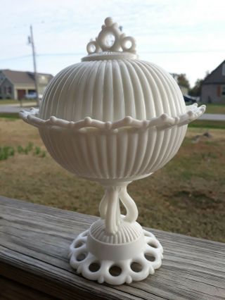 EAPG Antique Milk Glass Atterbury Ribbed Covered Compote Lace Edge Four Legs 2