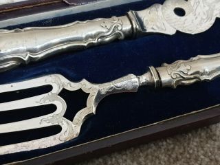 Antique Solid Silver Knife And Fork Set In Leather Box