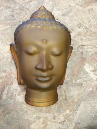 Very Rare Color - Frosted Amber Glass Buddha Head 12 " Tall Vintage