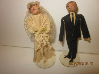 Vintage Crepe Paper Wedding Dolls Bride Groom Cake Topper