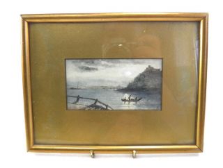 Antique English School Watercolour Painting Moonlit Coastal Marine Landscape