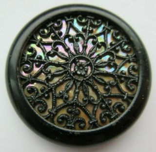 Fabulous Xl Antique Vtg Brass Metal Filigree Button W/ Iridescent Liner (d)