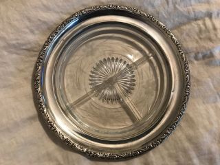 Pretty Vintage Repousse Sterling Silver,  Cut Crystal Divided Relish Dish 8 "