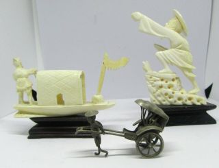 Antique Chinese/japanese 3.  Items Man/man In A Boat/man Puling Cart.