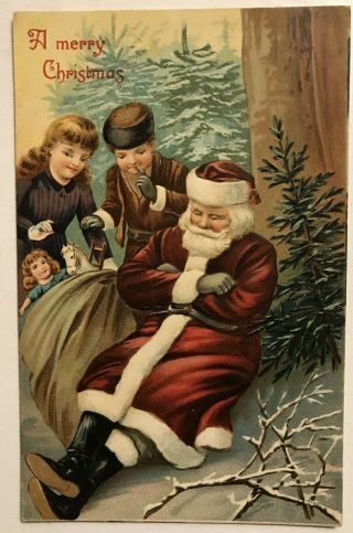 Santa Claus Sleeping Children In Woods Toy Sack Antique Christmas Postcard - K898