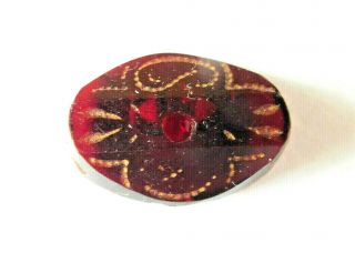 Antique Ruby Red Glass Button - Faceted Whistle - Incised W/gold Trim 3/4 " Oval