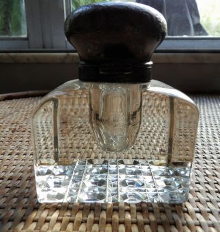 Antique Large Cut Glass Square Ink Well With Silver Top