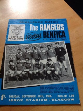 Rangers V Benfica Challenge Match September 1965.  Rare Programme.
